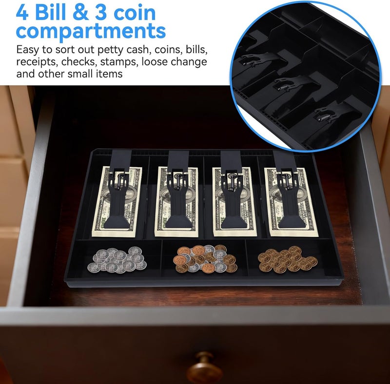 Frdhee Cash Register Drawer Insert Tray 4 Bill 3 Coin, Money Tray Cash Register Drawer Insert Tray Storage Organizer Drawer for Supermarkets Shops Commercial Currency Black (4 Bill 3 Coin) - Image 3